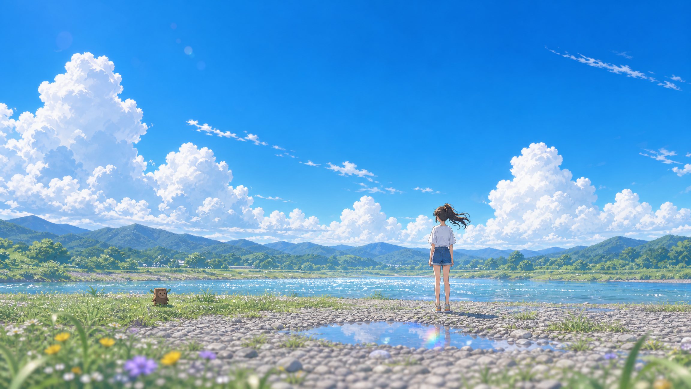 夏の川原に立つ少女と、入道雲の空